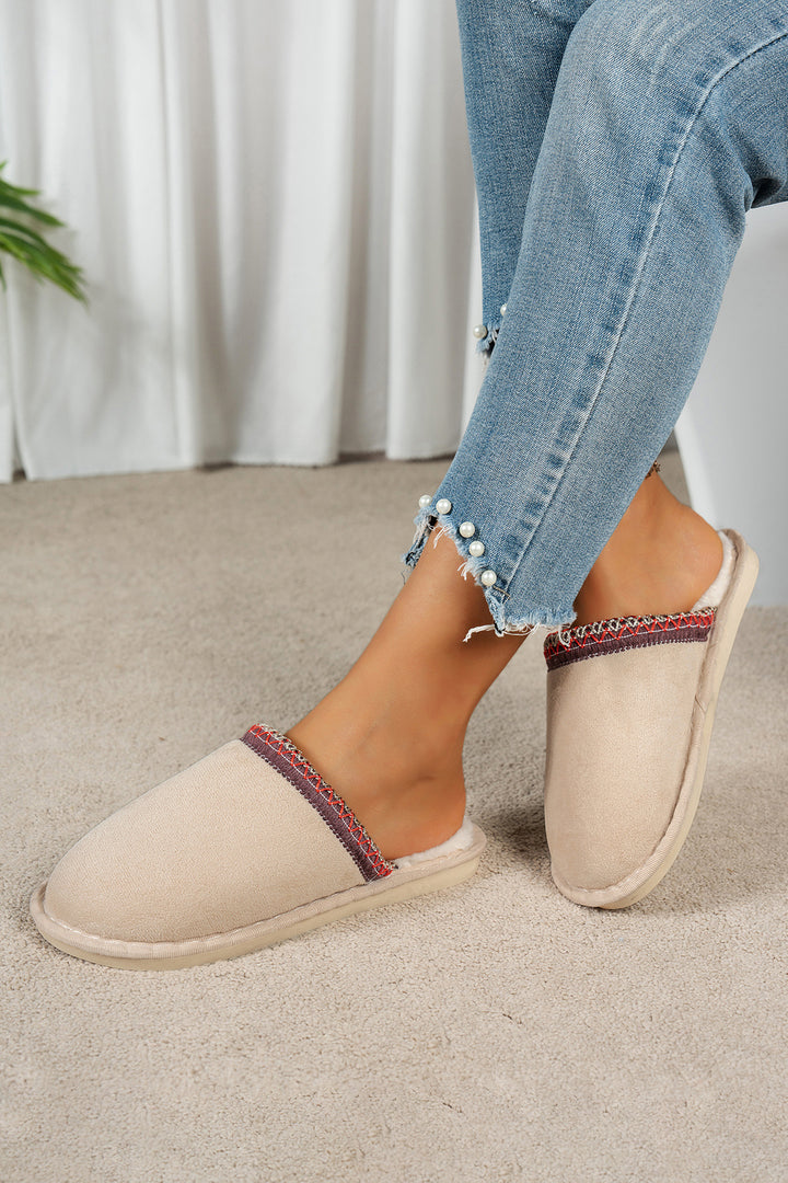 Gray Faux Suede Plush Liner Contrast Embroidered Detail Winter Slippers