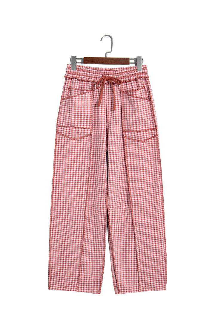 Green Plaid Contrast Trim Drawstring Elastic Waist Shift Pants