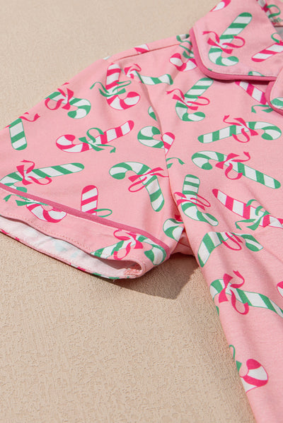 Pink Christmas Candy Cane Print Pocketed Knotted Pajama Set