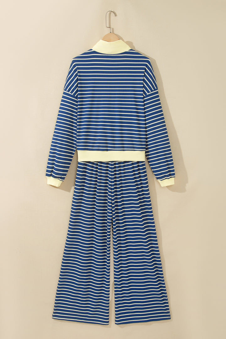 Blue Stripe Color Block Patchwork Zip V Neck Pullover Loose Pants 2pcs Set