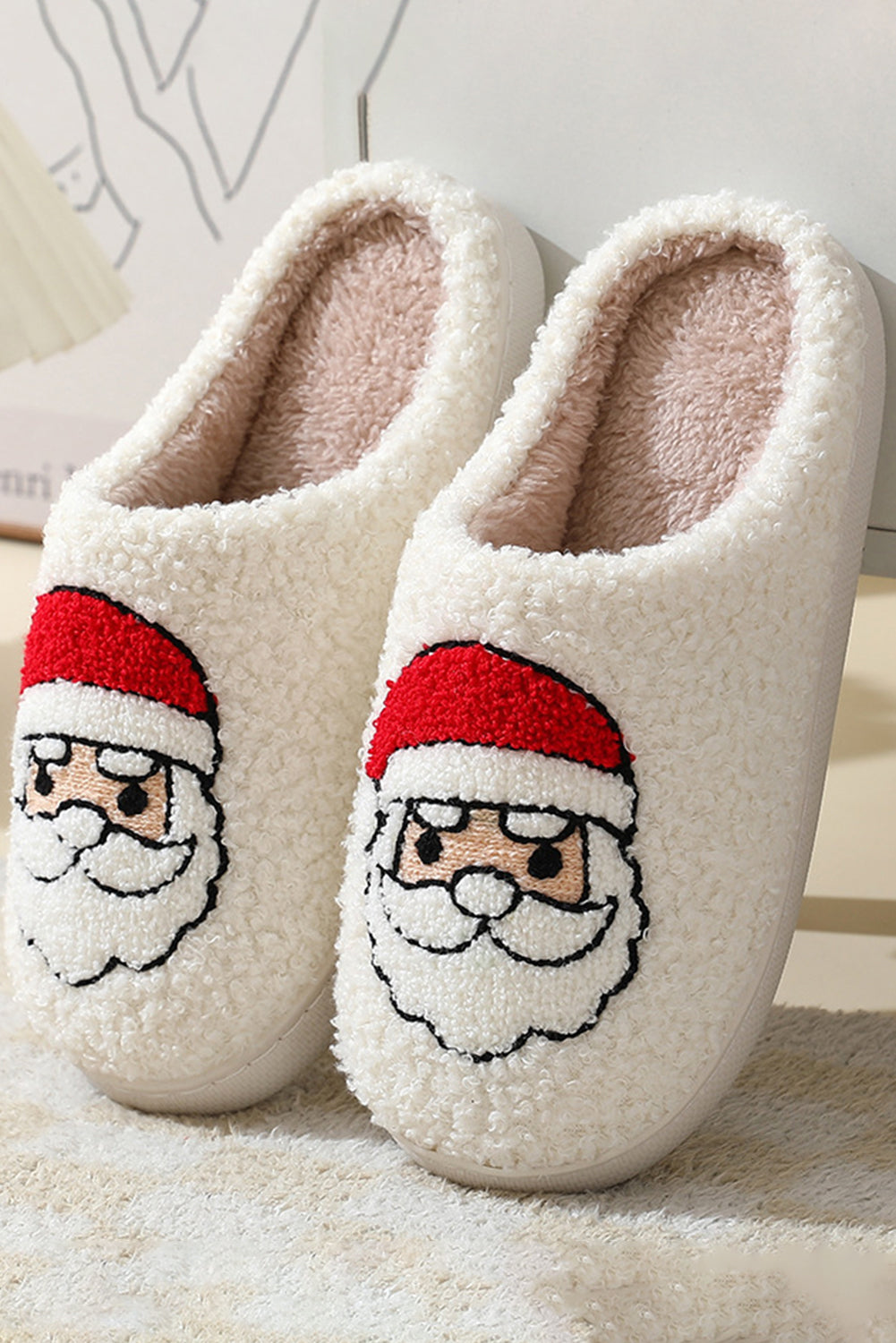 White Christmas Santa Clause Graphic Plush Slippers