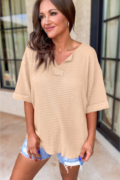 Parchment Textured Knit Split Neck Cuffed Short Sleeve Top