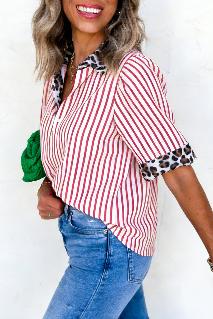 Red Stripe Leopard Contrast Trim Half Button Blouse