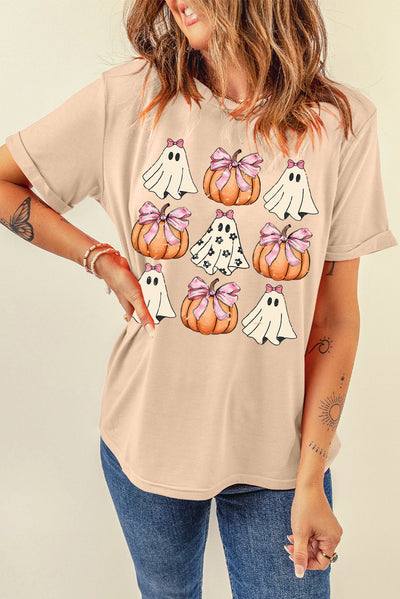 Khaki Bowknot Ghost Pumpkin Graphic Halloween T Shirt