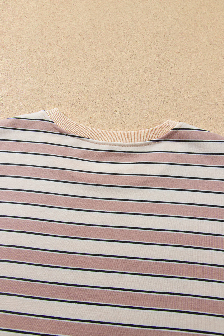 Khaki Stripe Contrast Trim Long Sleeve Top Elastic Waist Pants Set