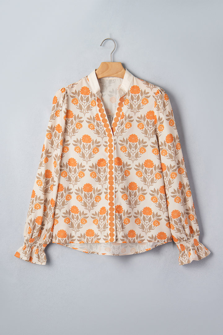 Orange Floral Print Contrast Detail V Neck Long Sleeve Blouse