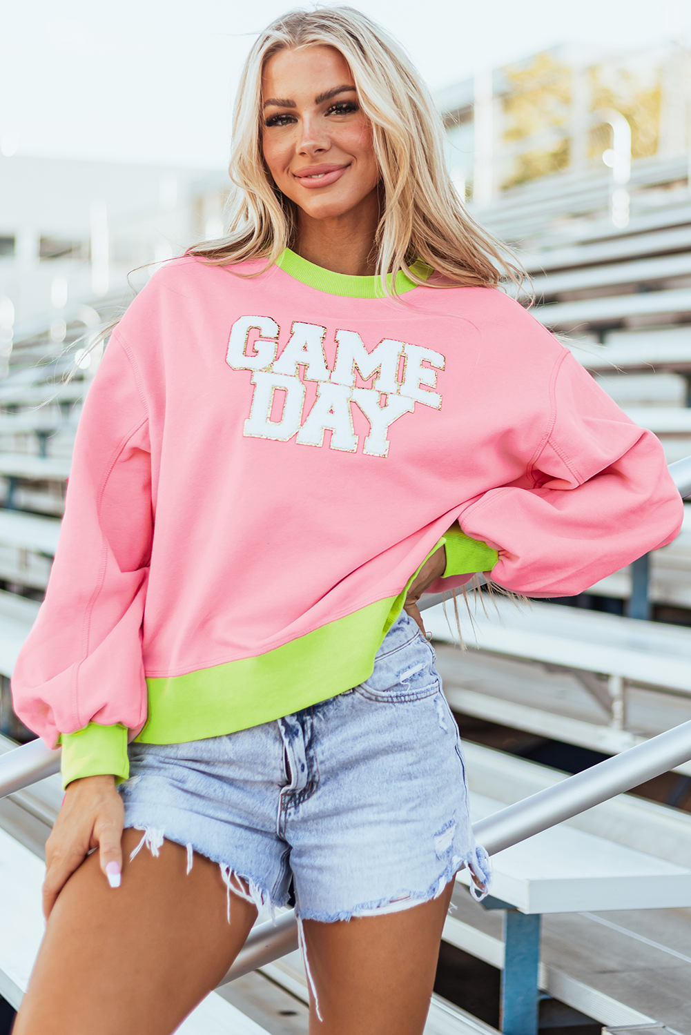 Pink GAME DAY Glitter Color Block Crew Neck Sweatshirt