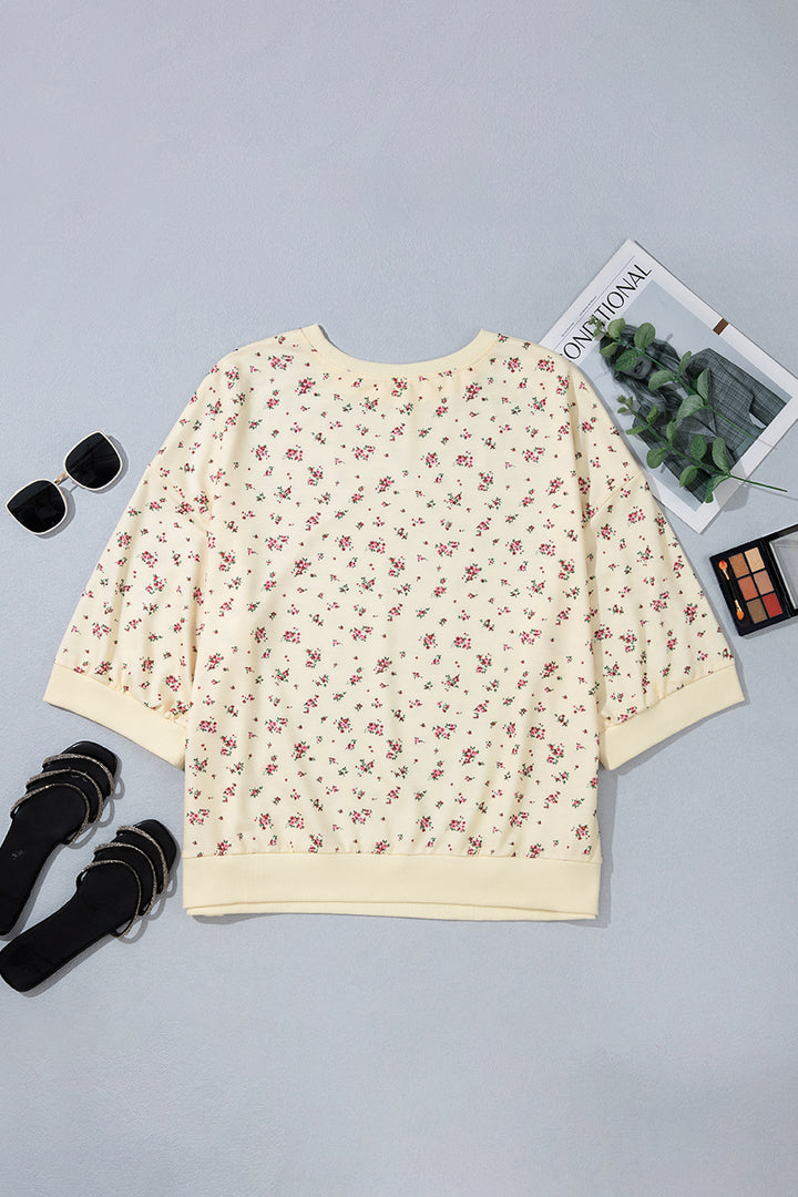 Beige Floral Print Colorblock Cuffs Hem Plus Size Blouse