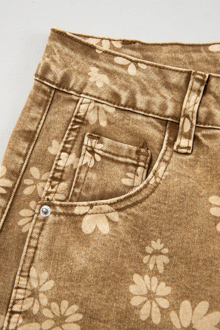 Khaki Floral Print Metal Button Pleated Straight Leg Jeans