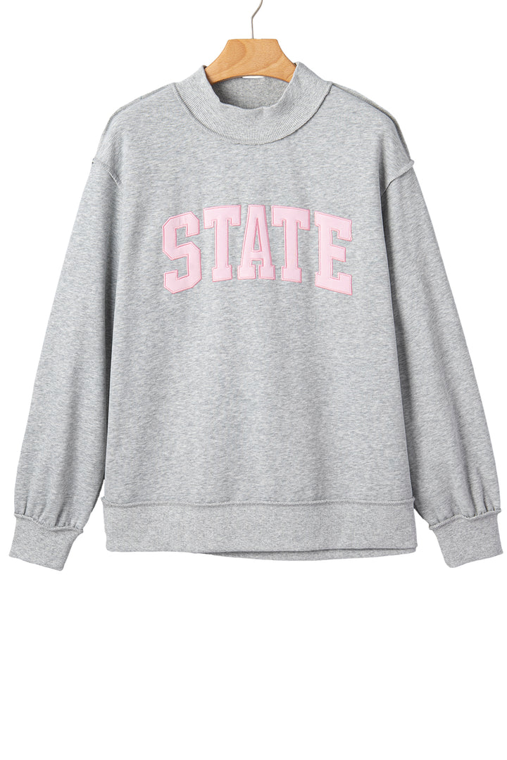 Light Grey Exposed Seam Mock Neck Letter Embroidered Loose Sweatshirt