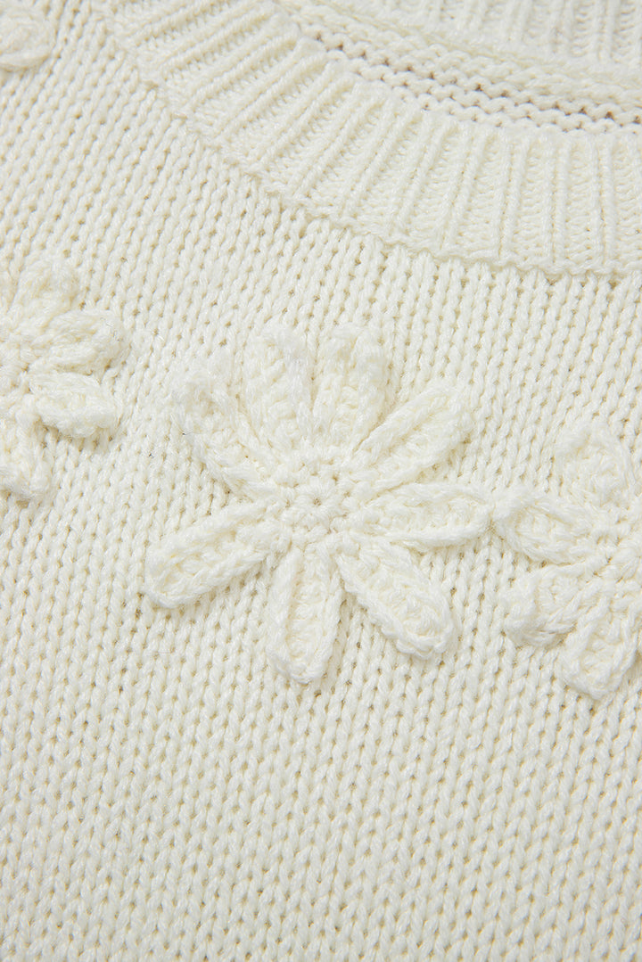 White Flower Detail Round Neck Contrast Textured Puff Sleeve Sweater