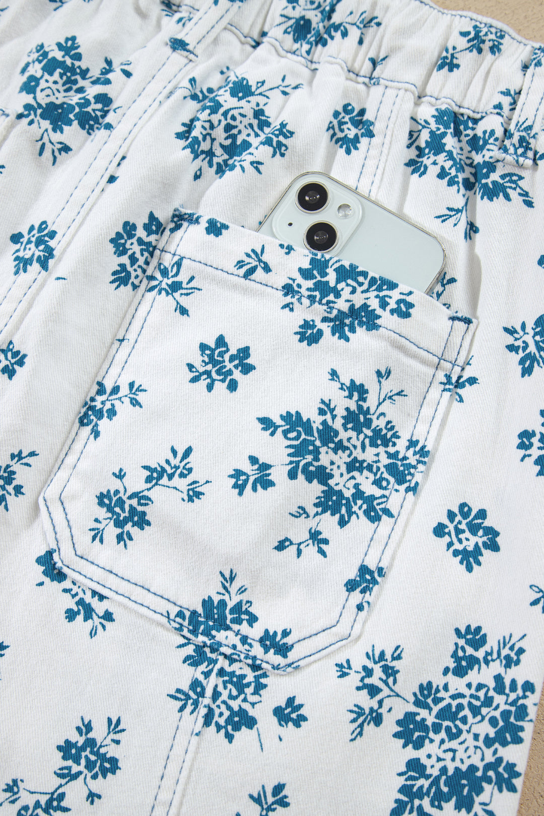 Sky Blue Floral Print Tie Waist Straight Leg Jeans