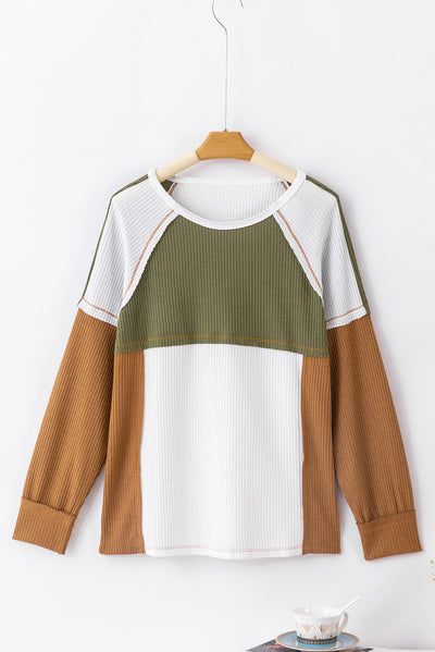 Green Color Block Exposed Seam Waffle Knit Long Sleeve Top