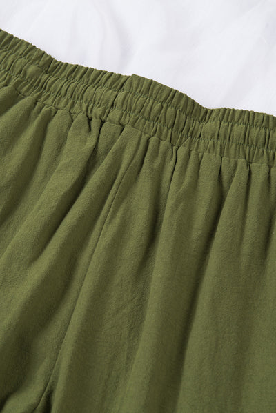 Green Drawstring Elastic Waist Pockets Long Straight Legs Pants