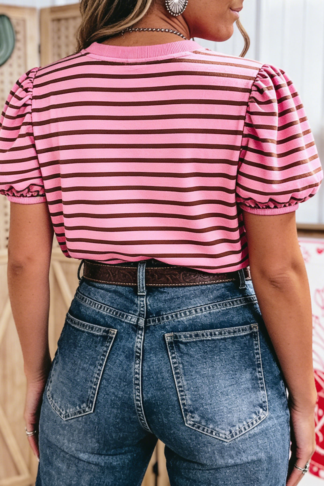 Rose Stripe Striped V-Neck Ribbed Collar Cuff Gathering Puff Sleeve Top
