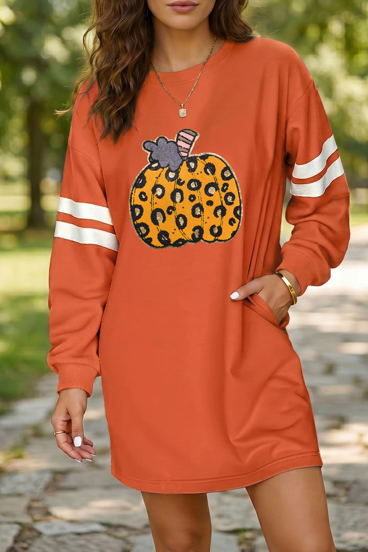 Orange Leopard Print Pumpkin Graphic Varsity Striped Long Sleeve Tunic Dress