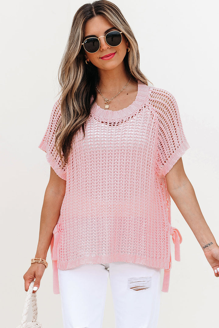 Lettie Hollow-out Crochet Side Tied Short Sleeve Sweater