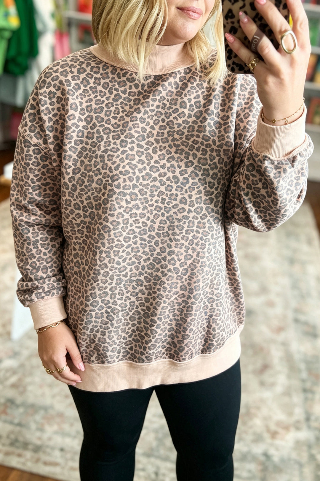 Multicolour Plus Size Leopard Print Ribbed Color Block Mock Neck Tunic Sweatshirt