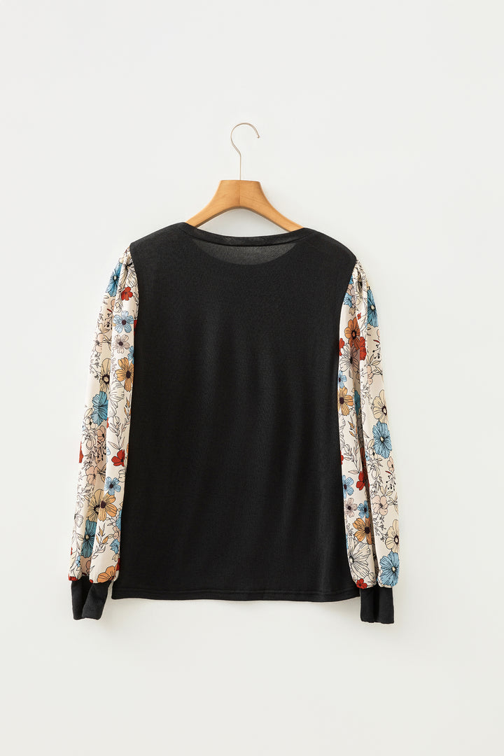 Apricot Flower Puff Sleeve Patchwork Top