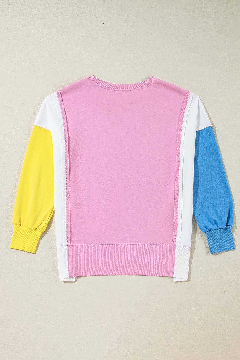 Bonbon Color Block Exposed Seam Side Slits Crewneck Sweatshirt