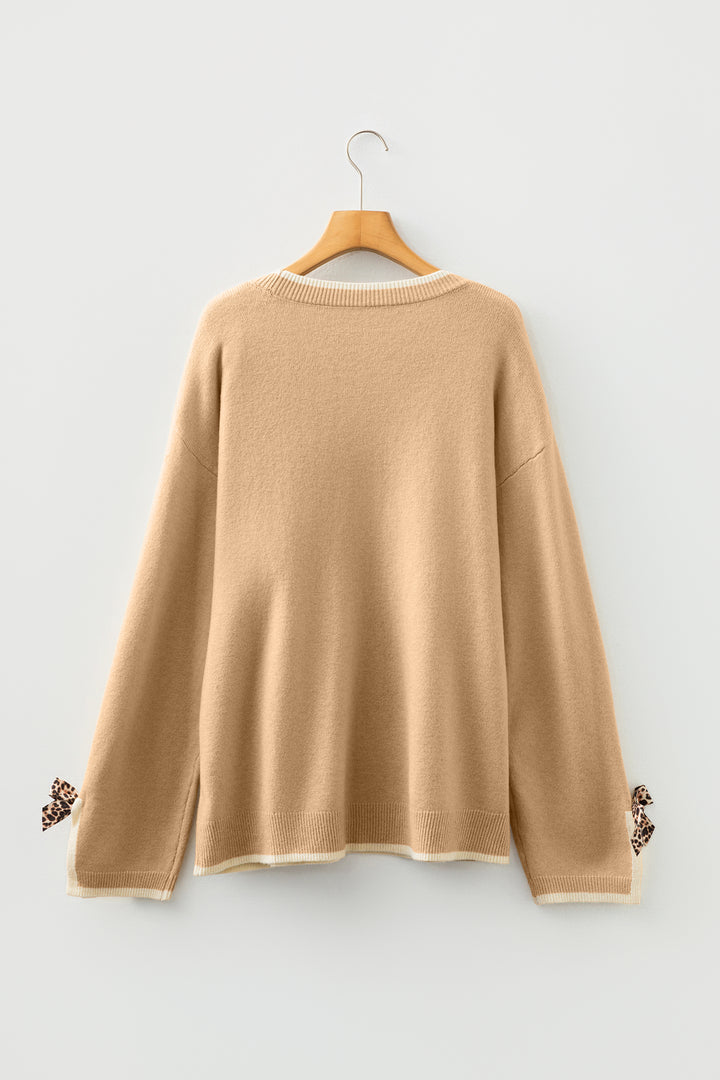 Tan Plus Size Leopard Bow Decor Split Cuffs Loose Sweater