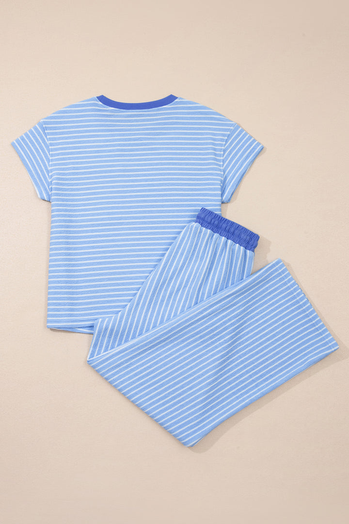 Sky Blue Stripe Crew Neck Tee Drawstring Waist Cropped Pants Set