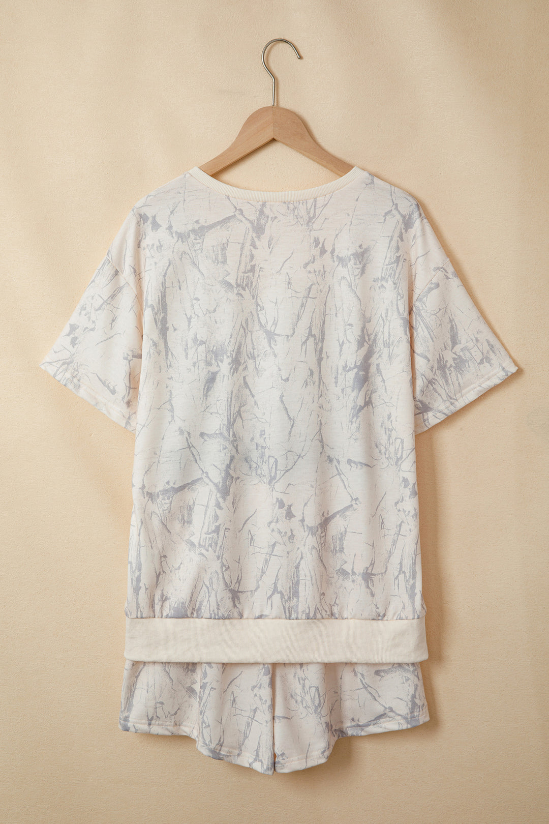 Khaki Abstract Print V Neck Loose Tee Drawstring Shorts 2pcs Outfit