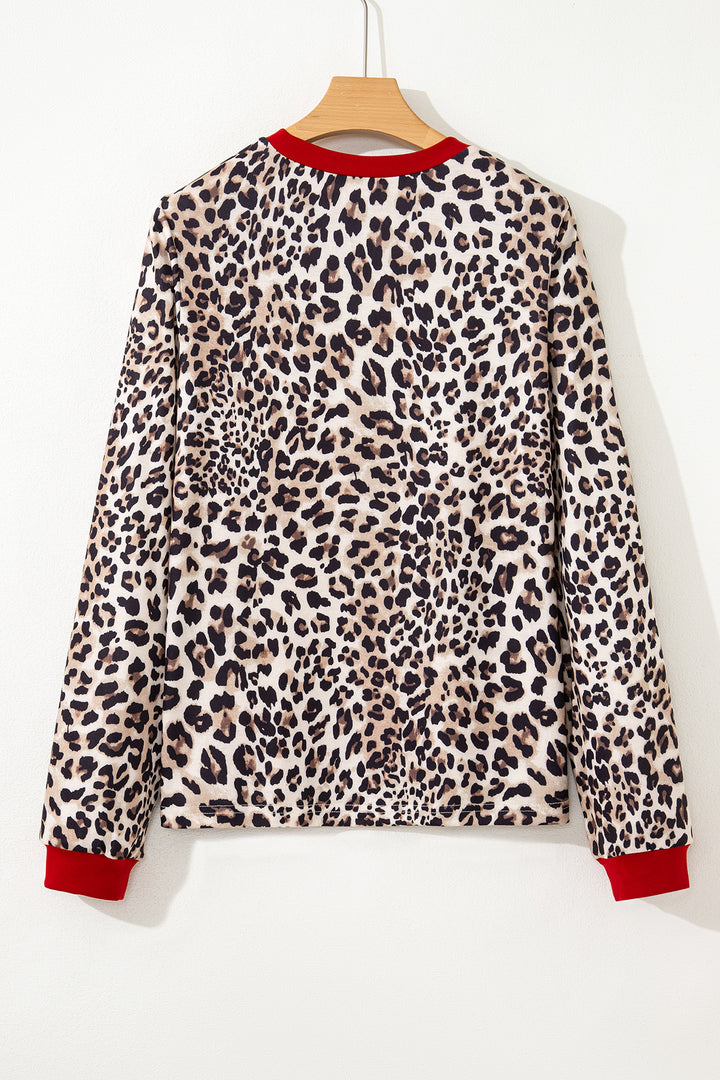 Brown Leopard Print Contrast Trim Round Neck Long Sleeve Top
