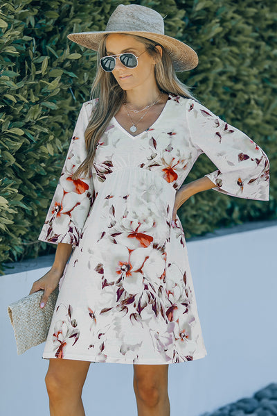 White V Neck 3/4 Sleeve Floral Dress