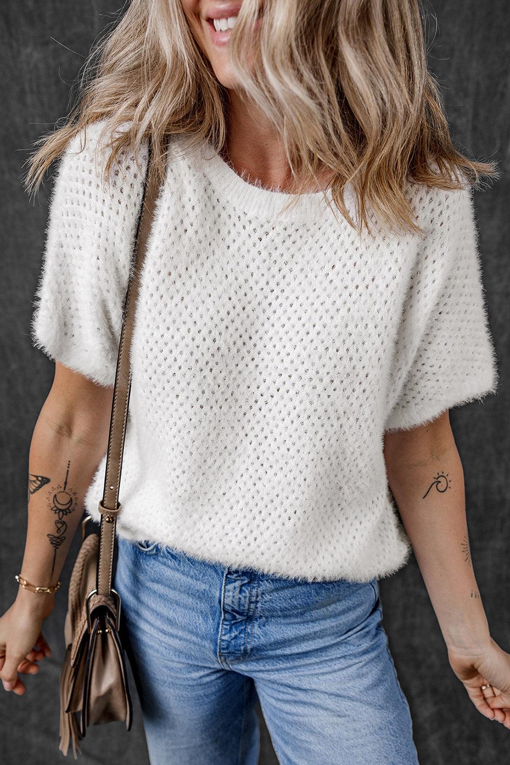 White Fuzzy Eyelet Knitted Sweater T-shirt