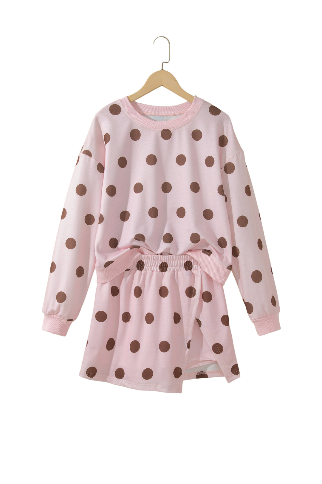 Brown Polka Dot Two Piece Set Long Sleeve Casual Skirt Set