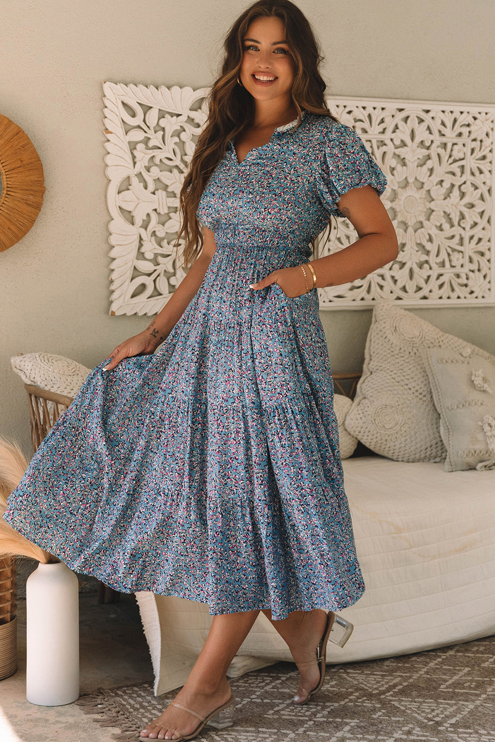 Blue Printed V Neck Shirred Short Puff Sleeve Maxi Dress