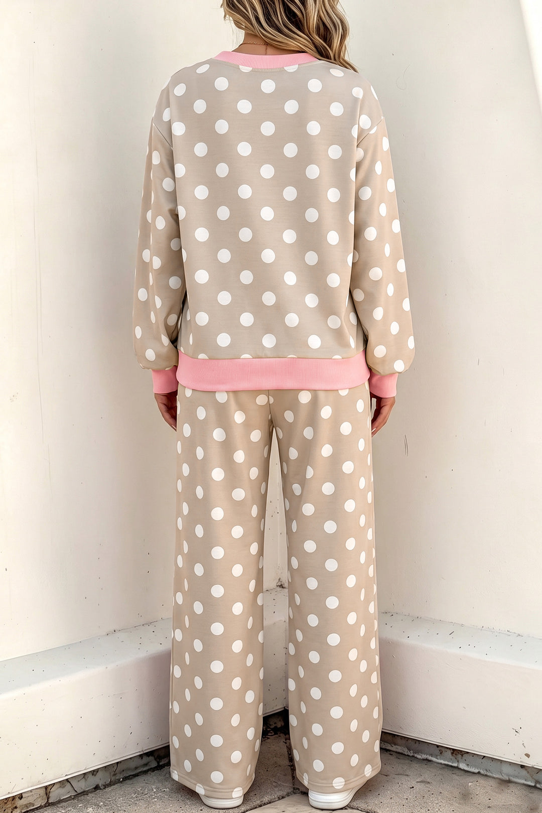 Khaki Polka Dot Contrast Trim Long Sleeve Top Drawstring Shift Pants Set