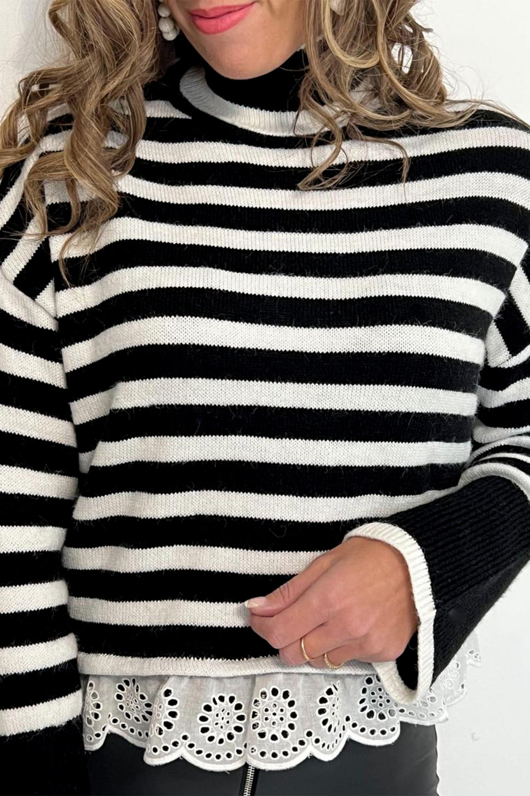 Black Striped High Neck Contrast Ruffle Detail Casual Sweater