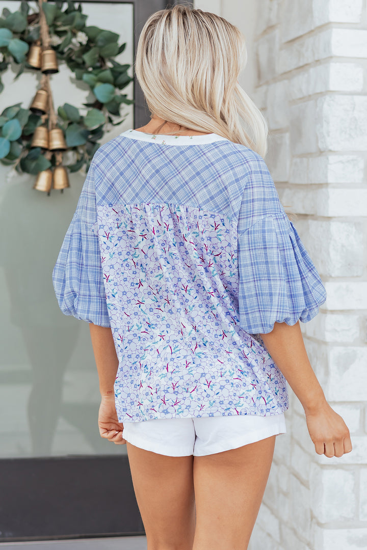 Beau Blue Color Block Plaid Bubble Sleeve Patchwork Blouse