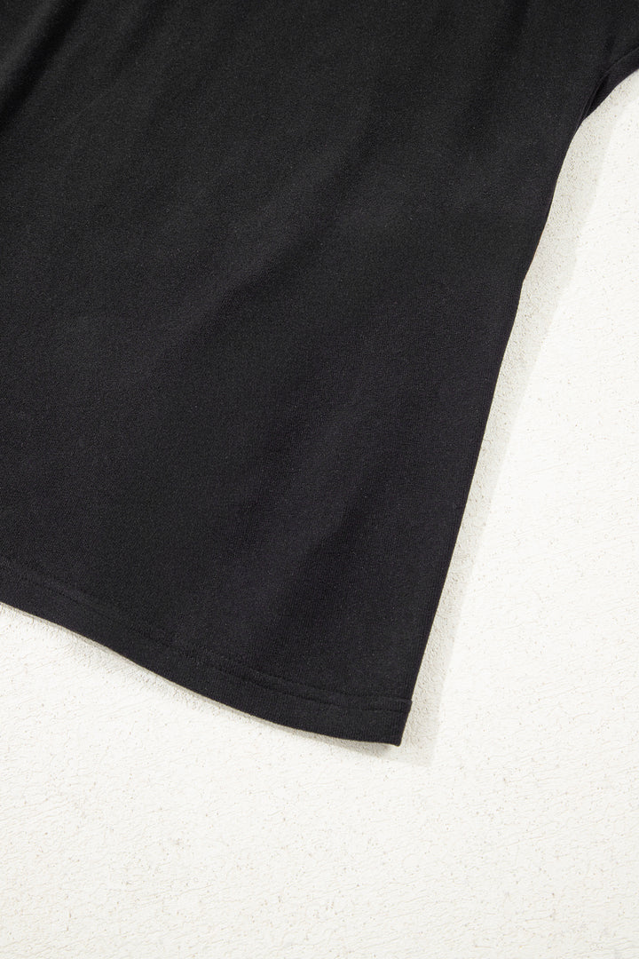 Black Solid Color Bow Textured Patchwork Long Sleeve Tee