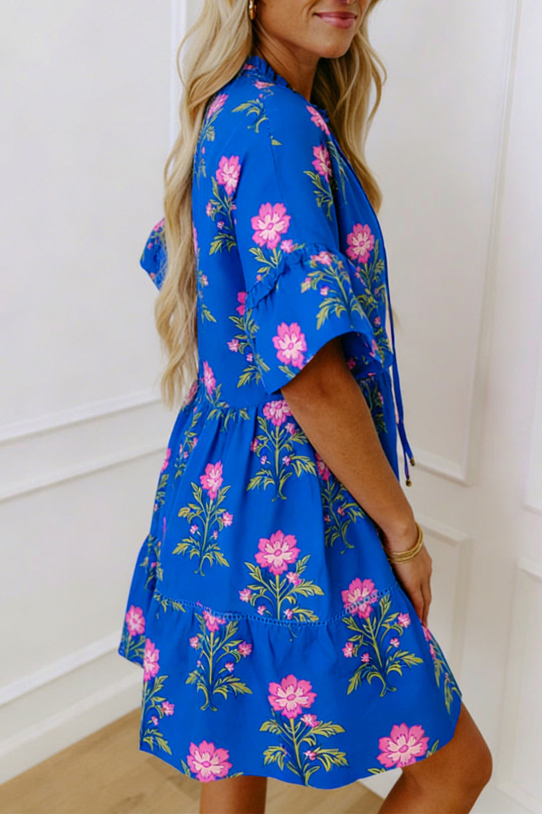 Blue V Neck Short Sleeve Loose Flower Dress
