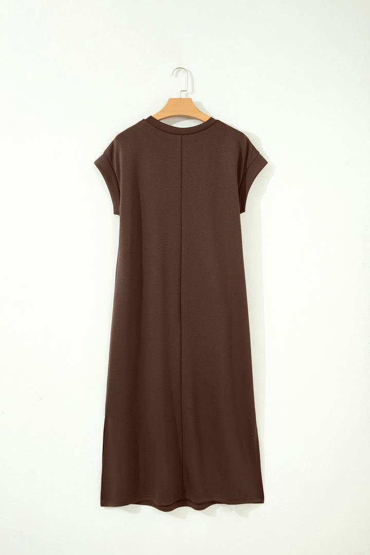 Red Sandalwood Solid Color Long T Shirt Dress with Slits