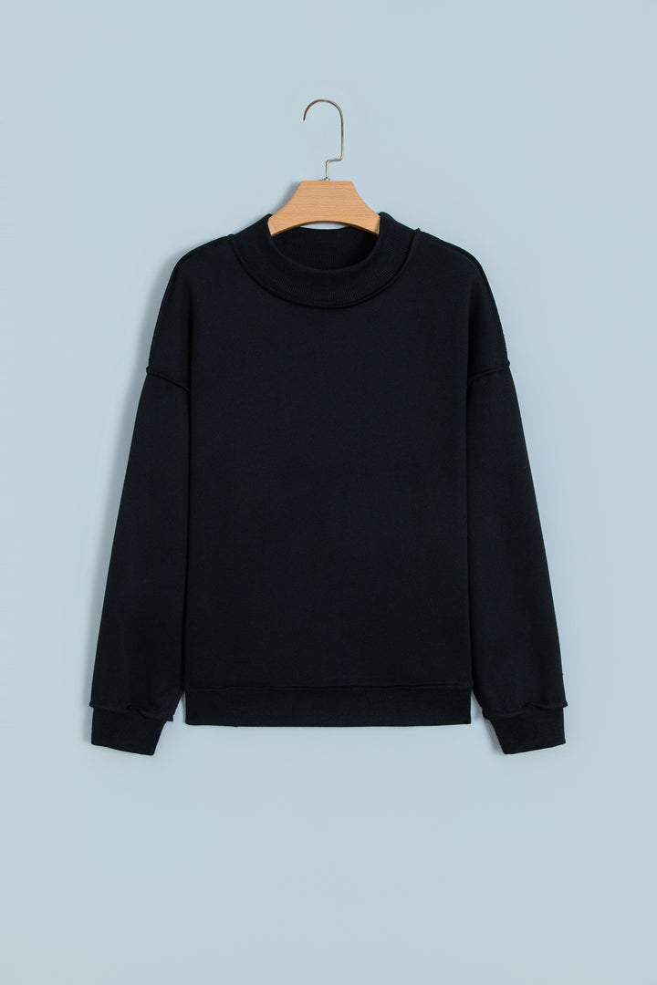 Black Oversize Drop Shoulder Reversible Mock Neck Sweatshirt