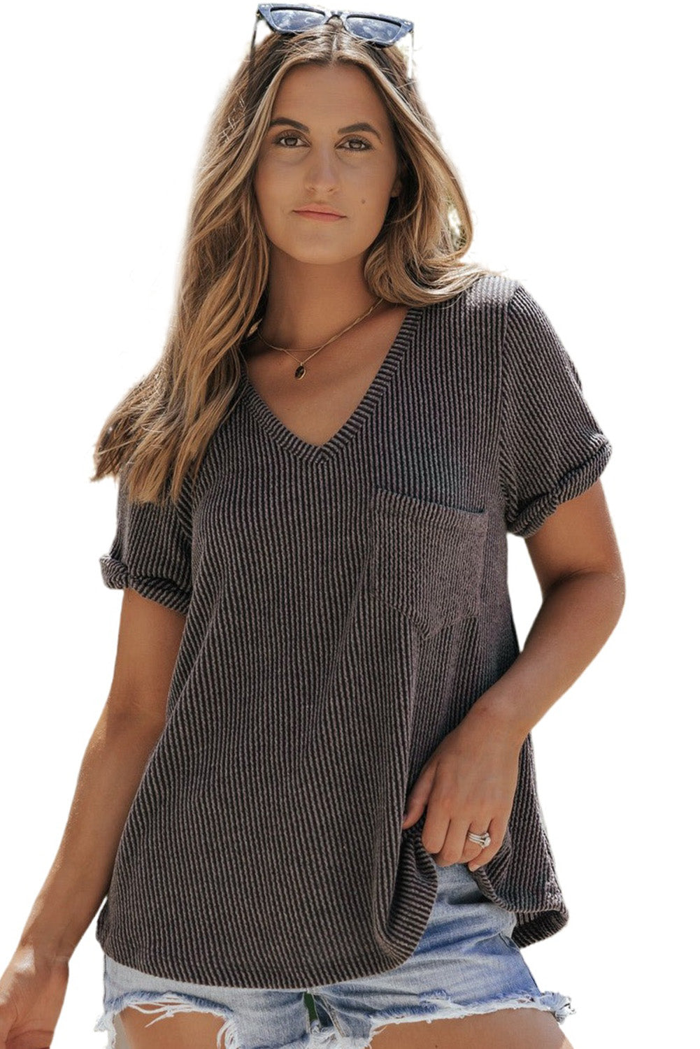 Carbon Grey Twist Short Sleeve Corded V Neck Top