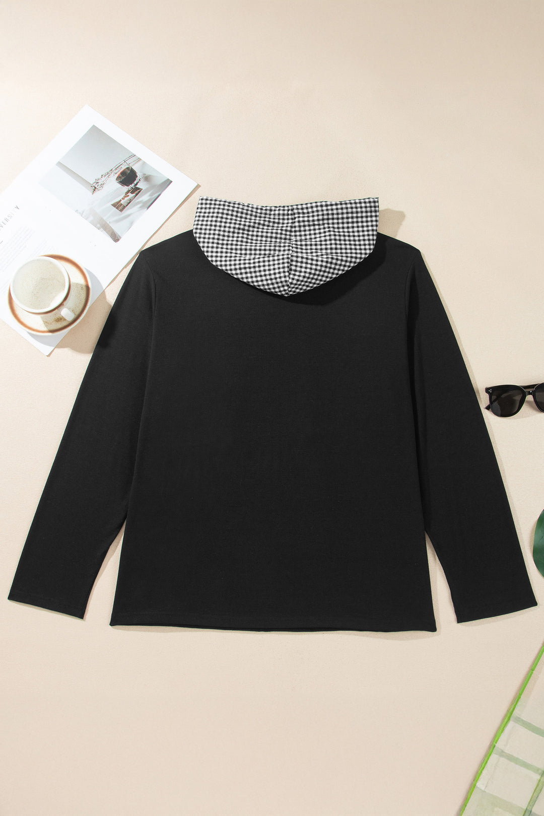 Black Hooded Gingham Paneling Chest Patch Pocket Long Sleeve Plus Size Blouse