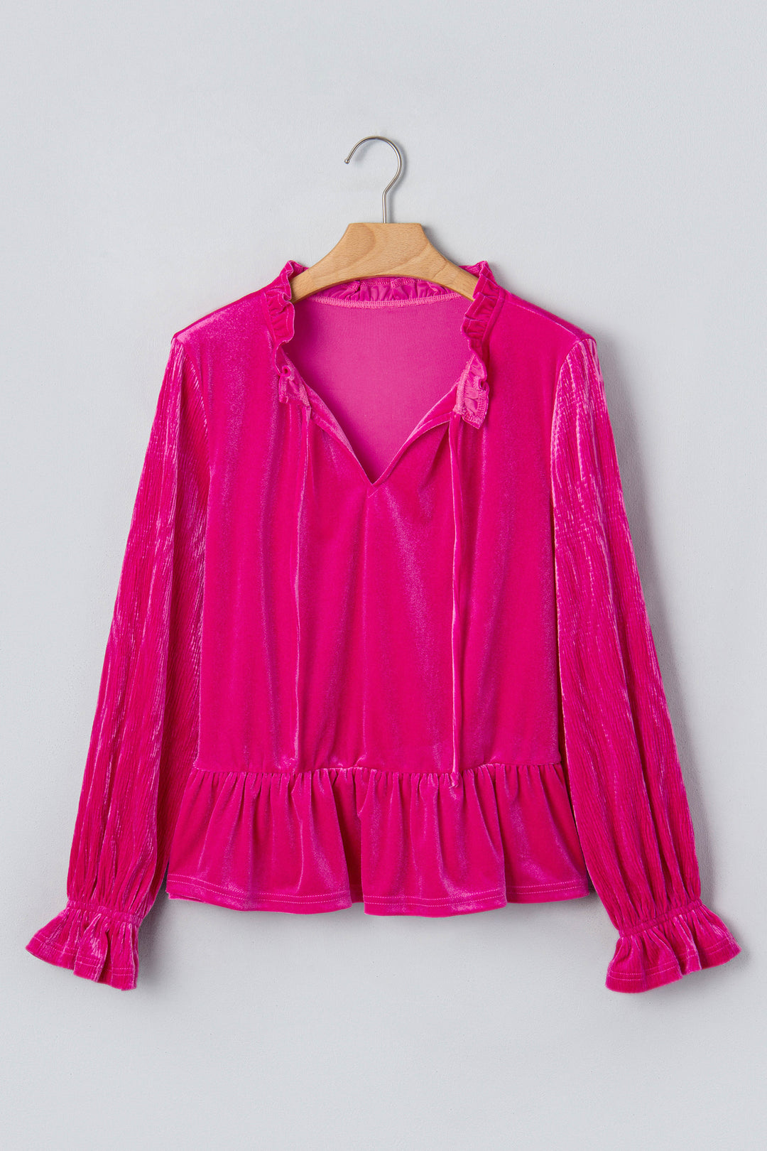 Strawberry Pink V Neck Velvet Ruffled Cuffs Hem Long Sleeve Top