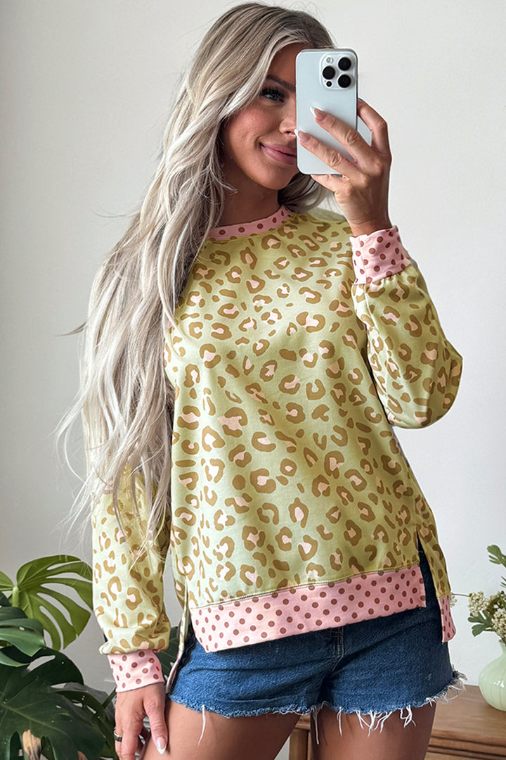 Khaki Leopard Polka Dot Colorblock Trim Long Sleeve Top