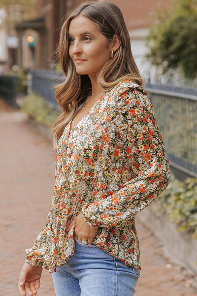 Khaki V Neck Ruffled Babydoll Floral Blouse