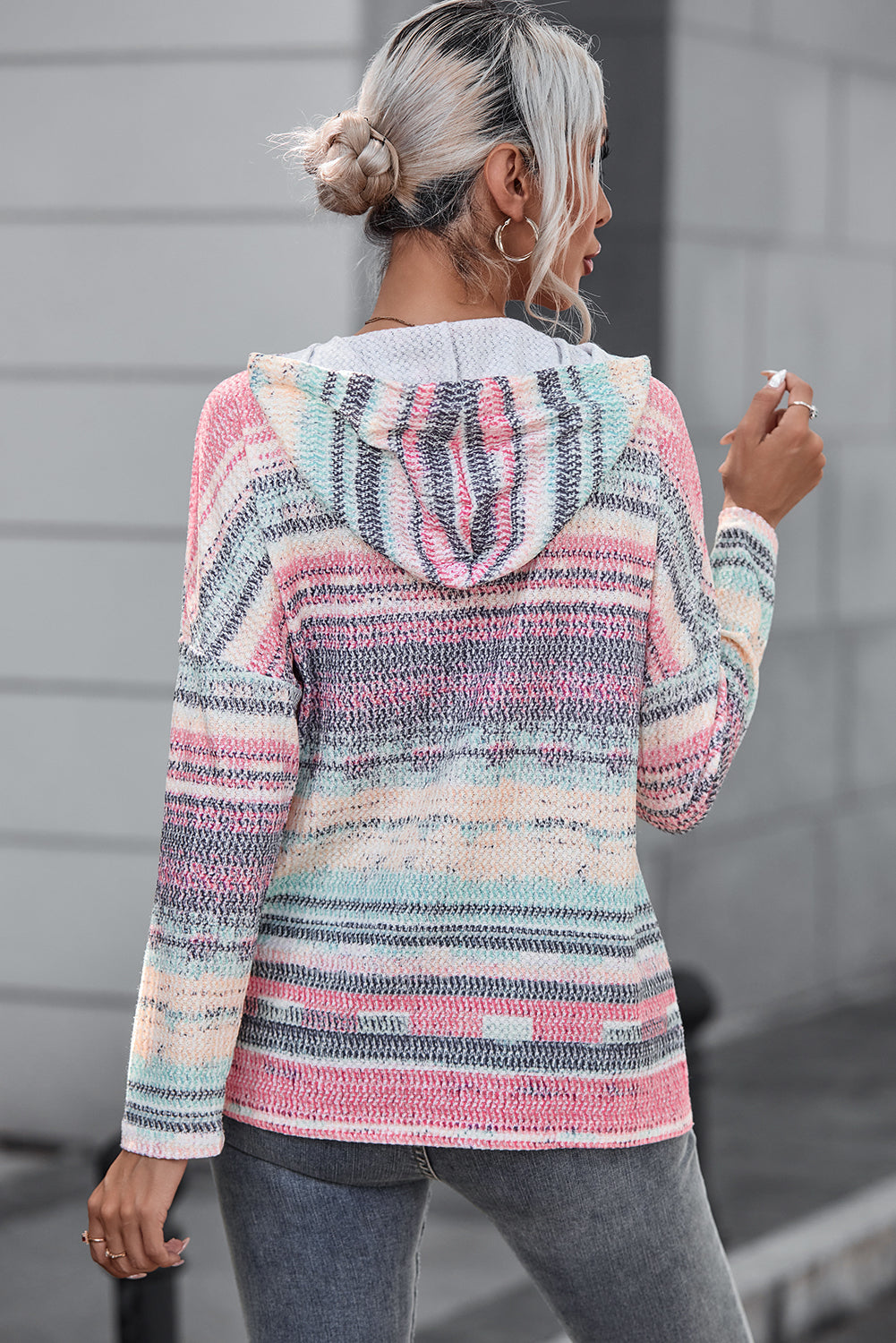 Multicolor Striped Print Cable Knit Drop Shoulder Hoodie