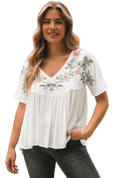 White Floral Embroidered V Neck Crinkle Babydoll Blouse