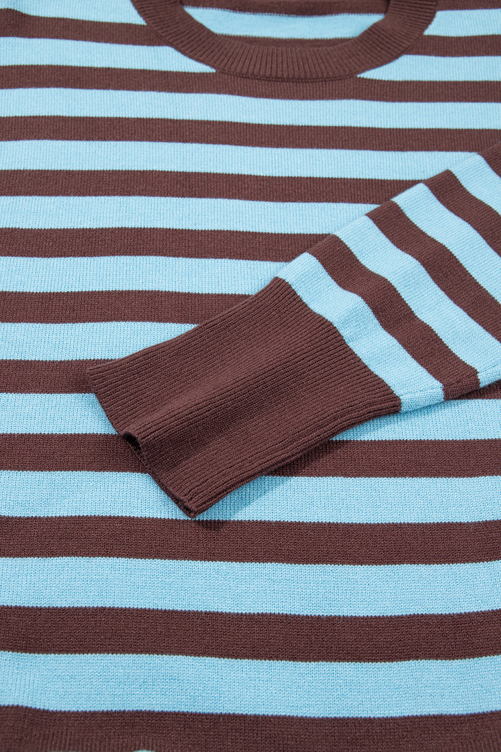Brown Stripe Color Block Loose Crew Neck Cuffed Sweater
