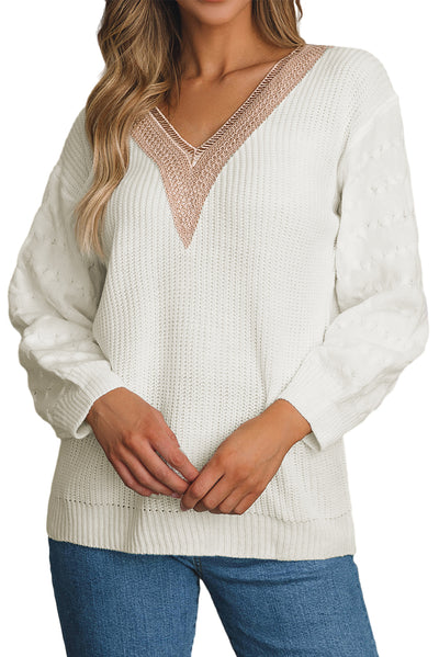 White Cable Puff Sleeve Lace V Neck Sweater