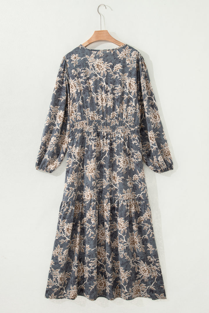 Sky Blue Plus Size Floral Print Split Neck Shirred High Waist Long Sleeve Maxi Dress