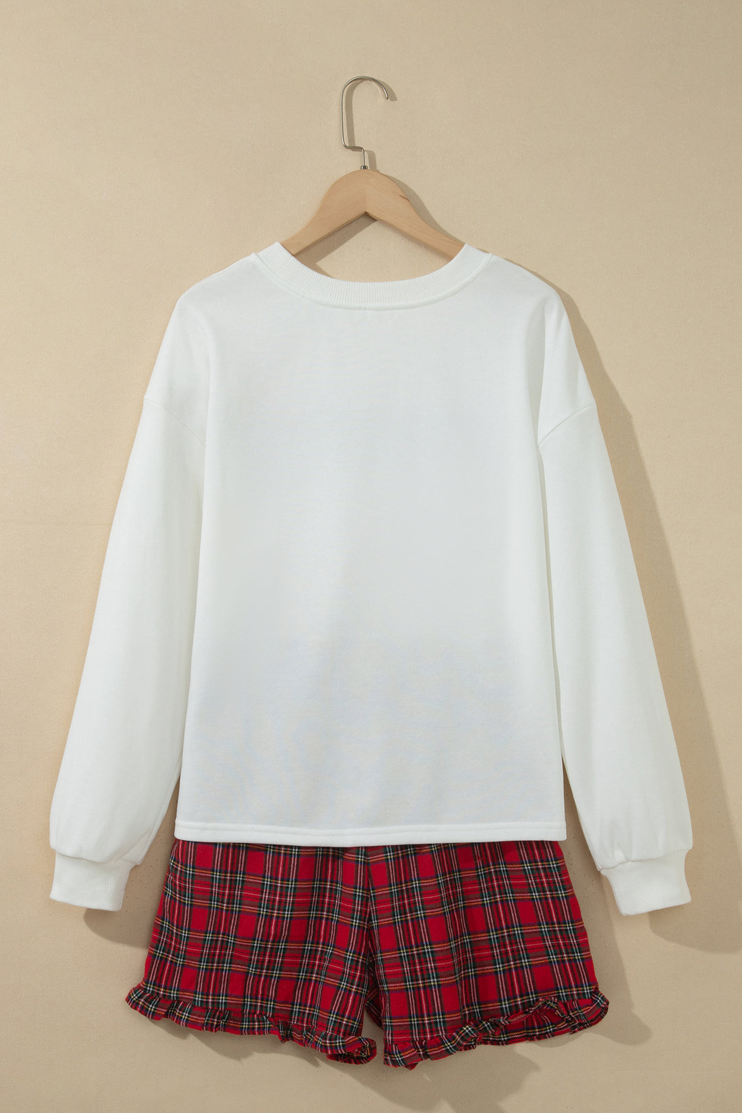 White Plaid Merry Slogan Embroidered Pocket Long Sleeve Shift Lounge Set